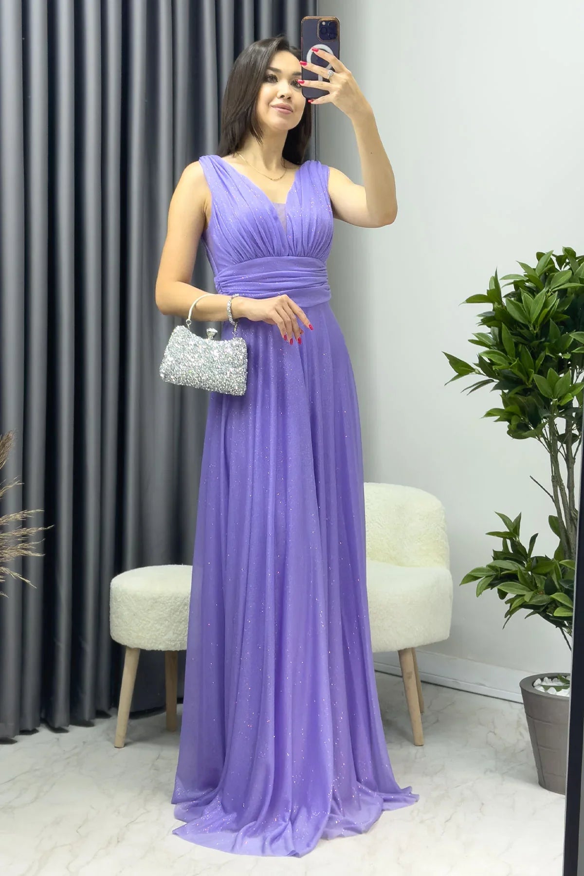 Lila Sıfır Kol Transparan Detay Abiye Elbise