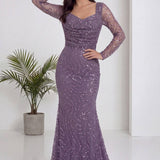 Lila Uzun Kol Boncuk İşlemeli Degaje Yaka Abiye Elbise