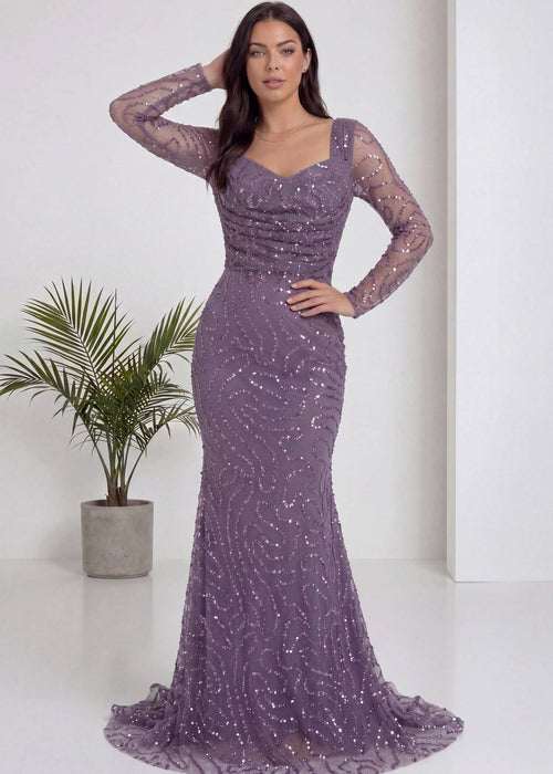 Lila Uzun Kol Boncuk İşlemeli Degaje Yaka Abiye Elbise