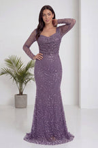 The ZKS lila degaje yaka uzun kollu boncuk işlemeli abiye elbise yan duruş