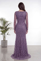 The ZKS lila boncuk işlemeli degaje yaka abiye elbise arka görünüm