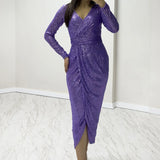 Lila Kruvaze Yaka Payet Tasarım Uzun Kollu Abiye Elbise