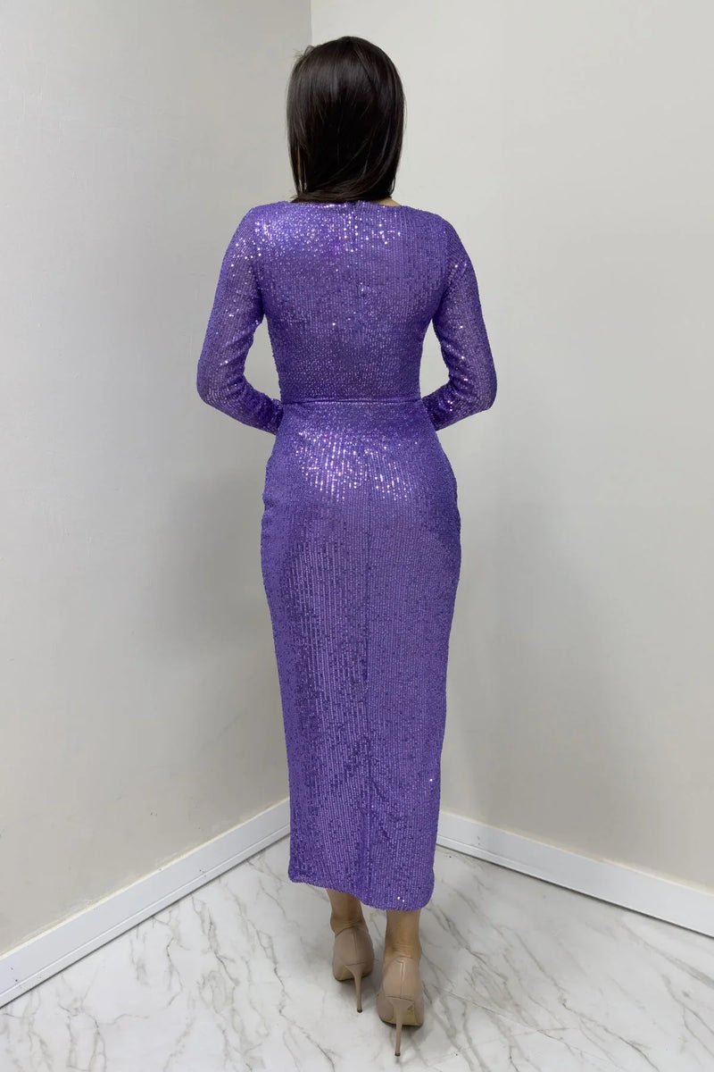 Lila Kruvaze Yaka Payet Tasarım Uzun Kollu Abiye Elbise

