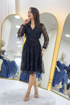 Kadın Pulpayet V yaka Tül Büyük Beden Abiye Elbise-Siyah