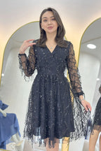 Kadın Pulpayet V yaka Tül Büyük Beden Abiye Elbise-Siyah