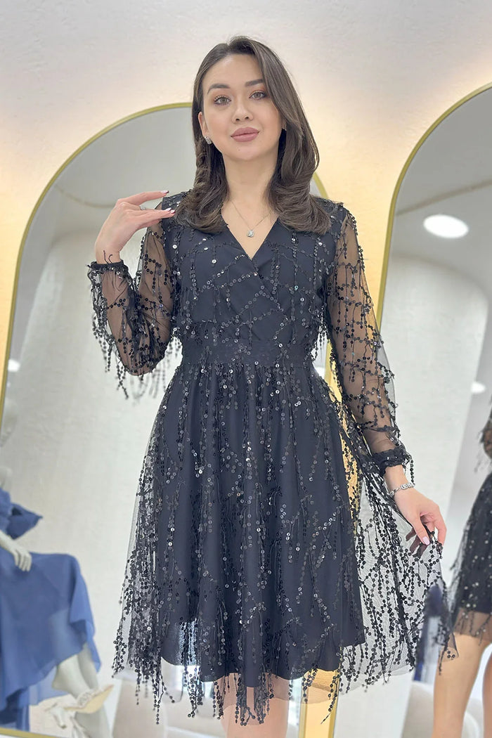 Kadın Pulpayet V yaka Tül Büyük Beden Abiye Elbise-Siyah