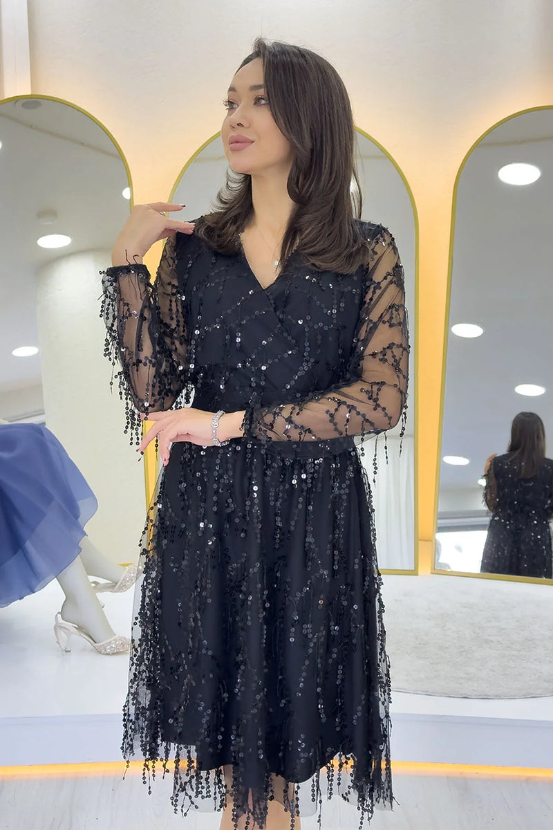 Kadın Pulpayet V yaka Tül Büyük Beden Abiye Elbise-Siyah