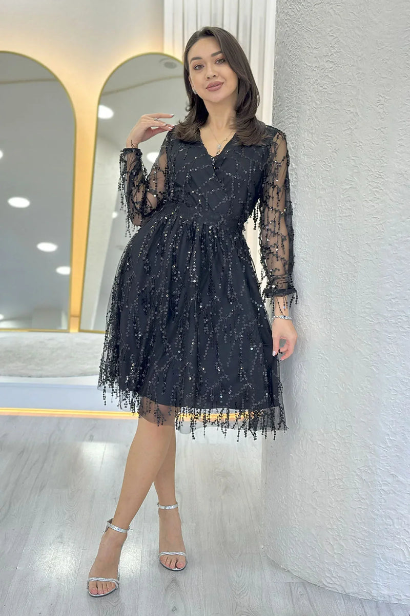 Kadın Pulpayet V yaka Tül Büyük Beden Abiye Elbise-Siyah