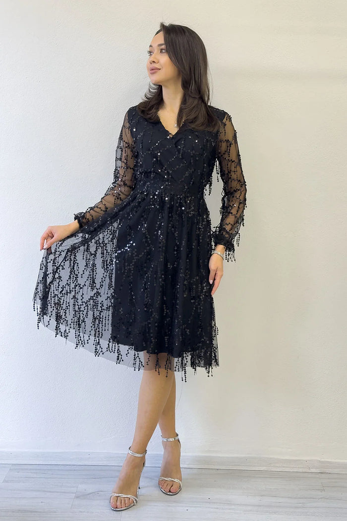 Kadın Pulpayet V yaka Tül Büyük Beden Abiye Elbise-Siyah