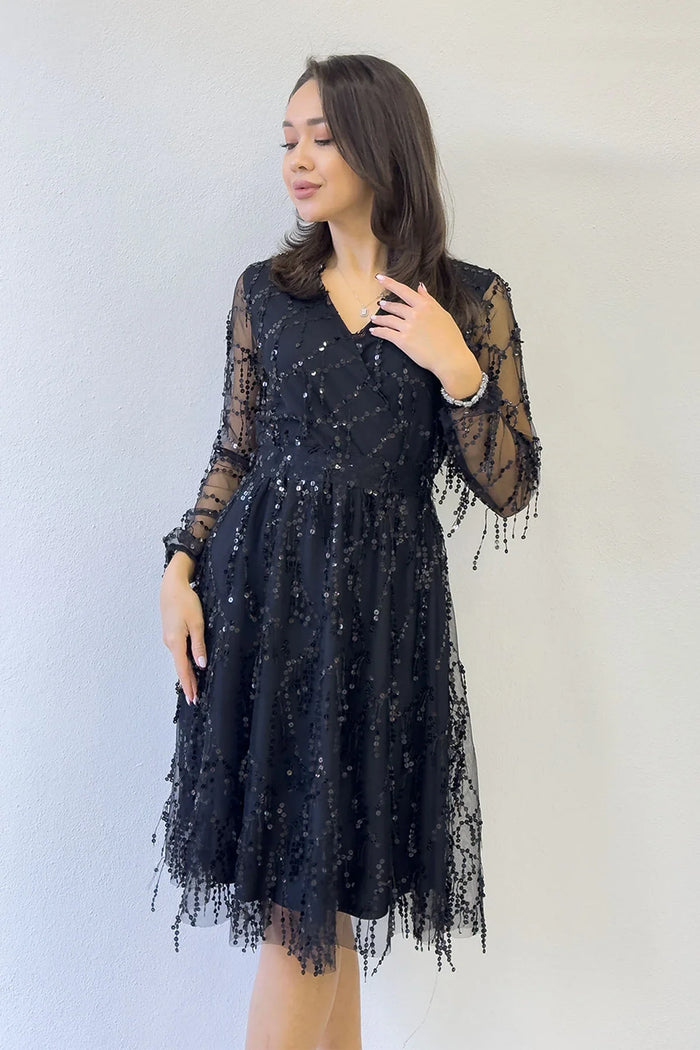 Kadın Pulpayet V yaka Tül Büyük Beden Abiye Elbise-Siyah