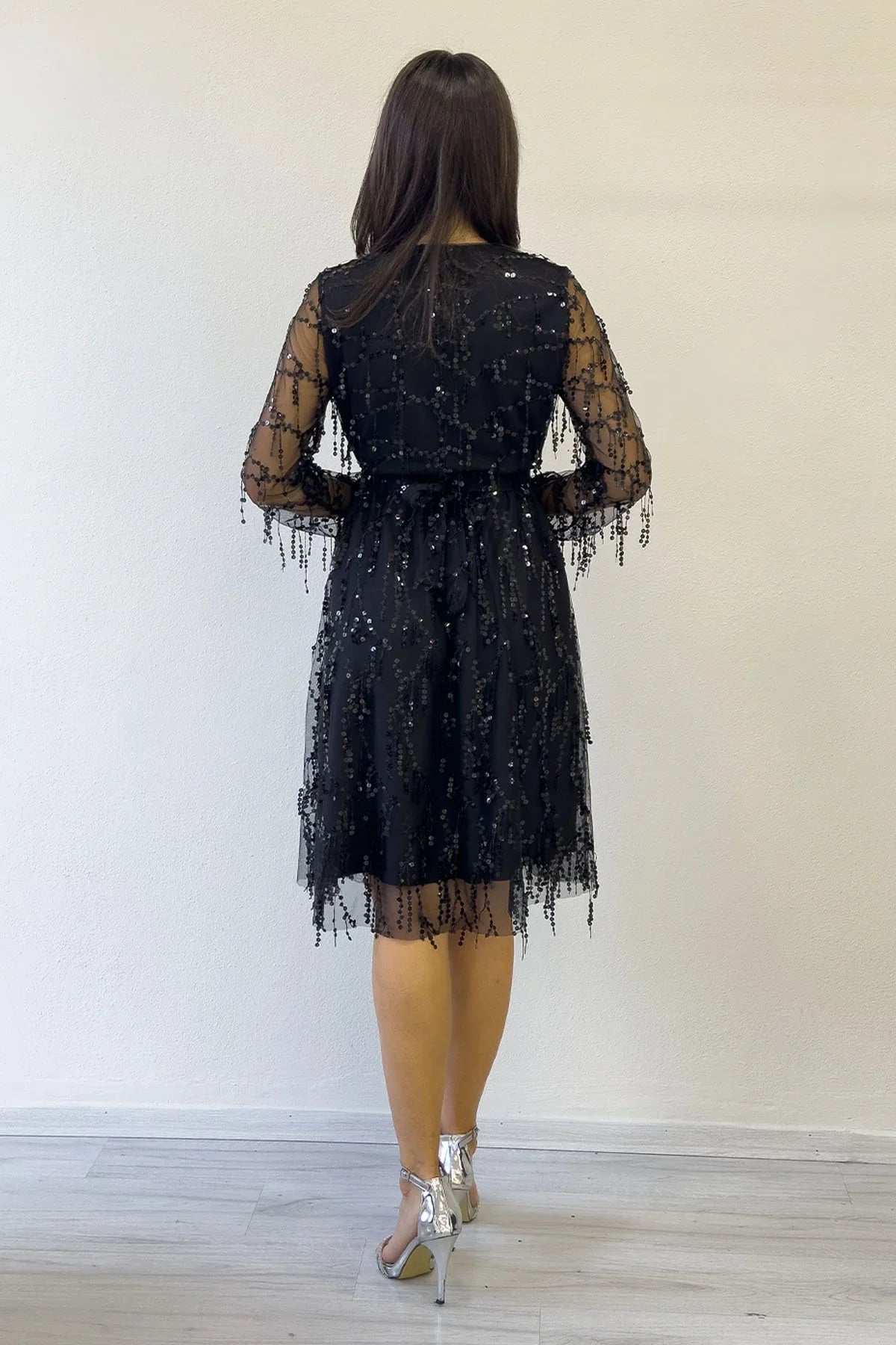 Kadın Pulpayet V yaka Tül Büyük Beden Abiye Elbise-Siyah