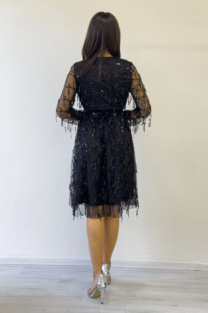 Kadın Pulpayet V yaka Tül Büyük Beden Abiye Elbise-Siyah