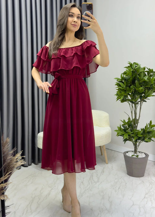 Bordo Madonna Carmen Fırfır Yaka Büyük Beden Şifon Elbise