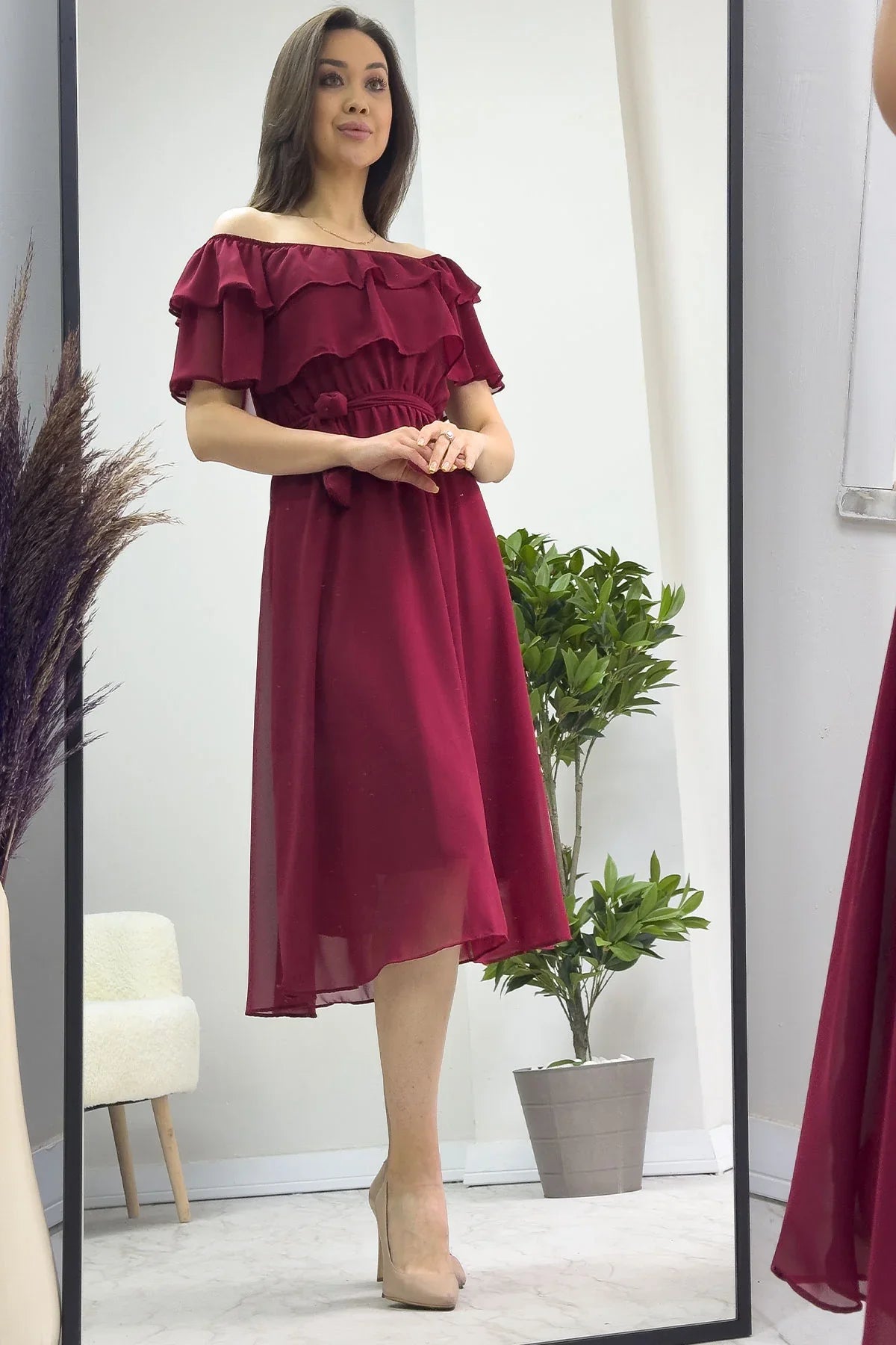Bordo Madonna Carmen Fırfır Yaka Büyük Beden Şifon Elbise