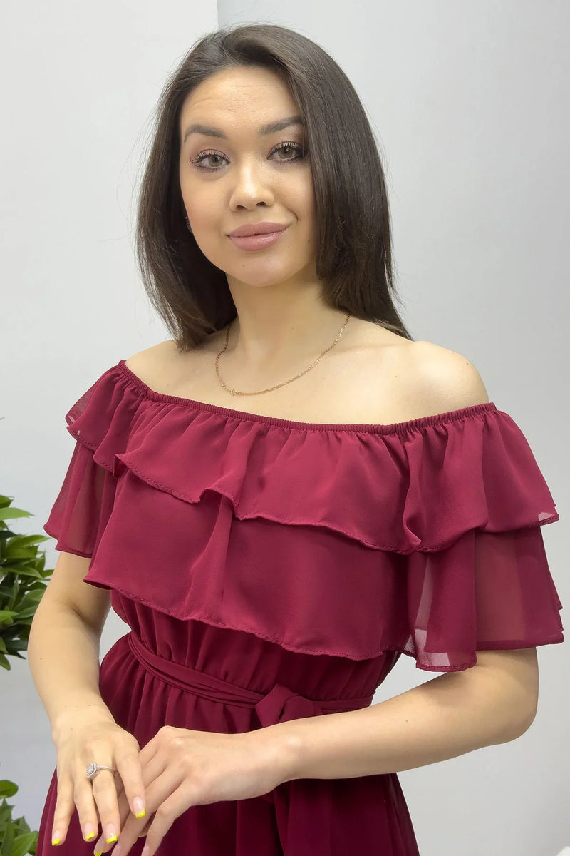 Bordo Madonna Carmen Fırfır Yaka Büyük Beden Şifon Elbise