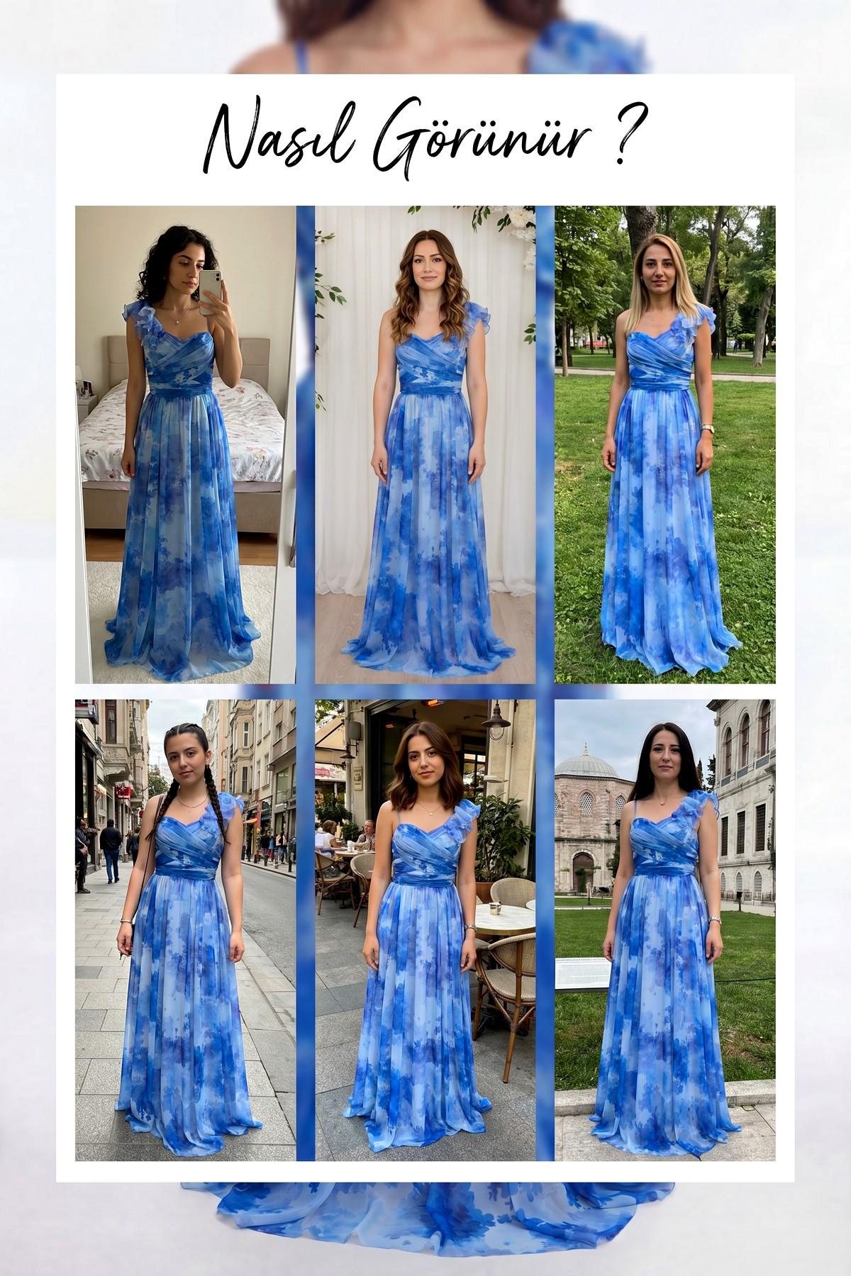 Mavi batik desenli tek omuzlu çiçekli uzun abiye elbise, altı farklı model üzerinde farklı mekanlarda giyilmiş hali