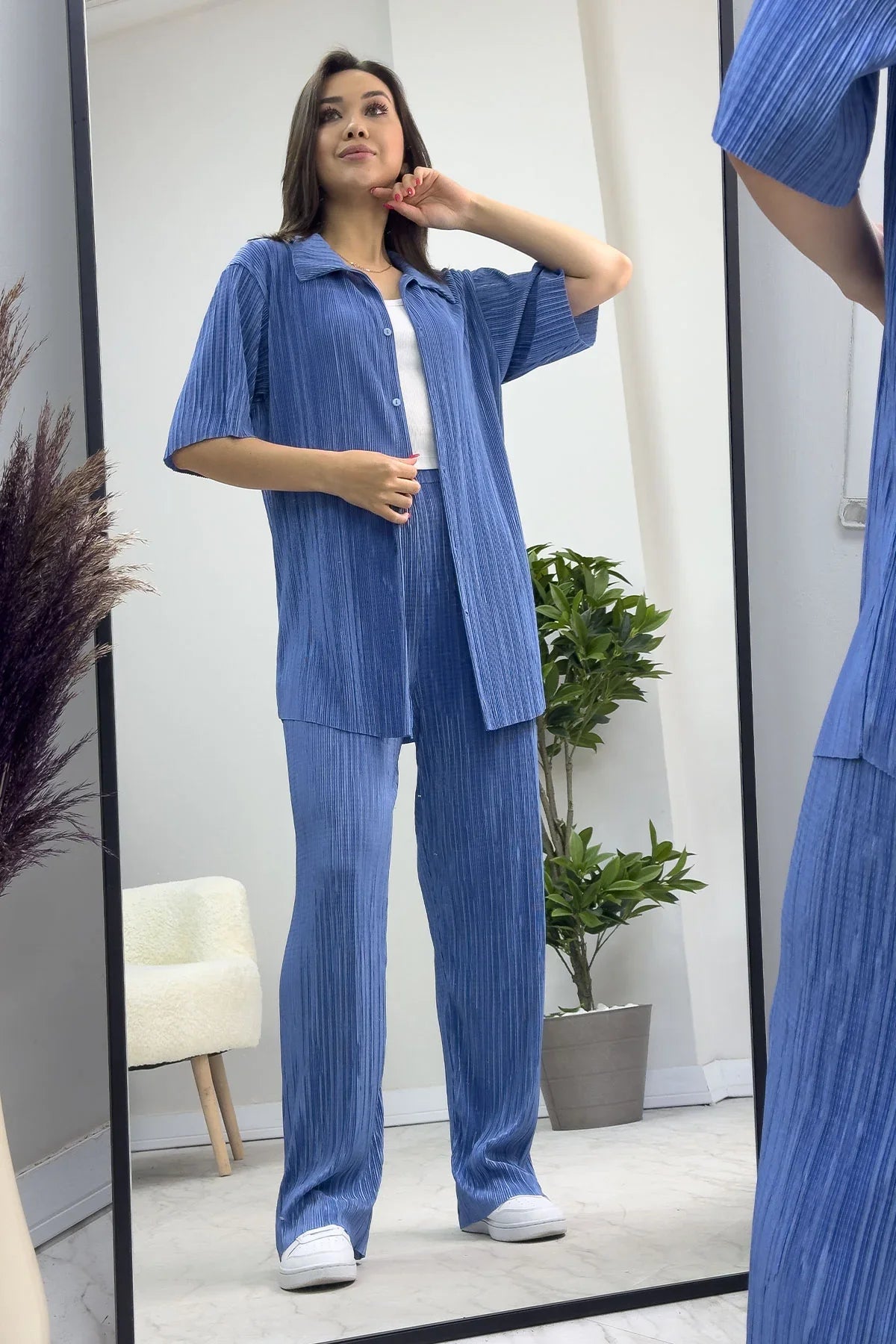 Mavi Krinkıl Kısa Kol Gömlek Pantolon İkili Takım