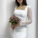 Beyaz Kare Yaka Simli Uzun Kol Midi Abiye Elbise