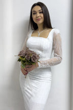 Beyaz Kare Yaka Simli Uzun Kol Midi Abiye Elbise

