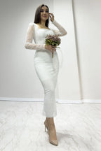 Beyaz Kare Yaka Simli Uzun Kol Midi Abiye Elbise

