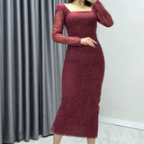 Bordo Kare Yaka Gold Simli Uzun Kol Midi Abiye Elbise