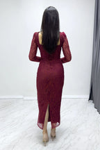 Bordo Kare Yaka Gold Simli Uzun Kol Midi Abiye Elbise


