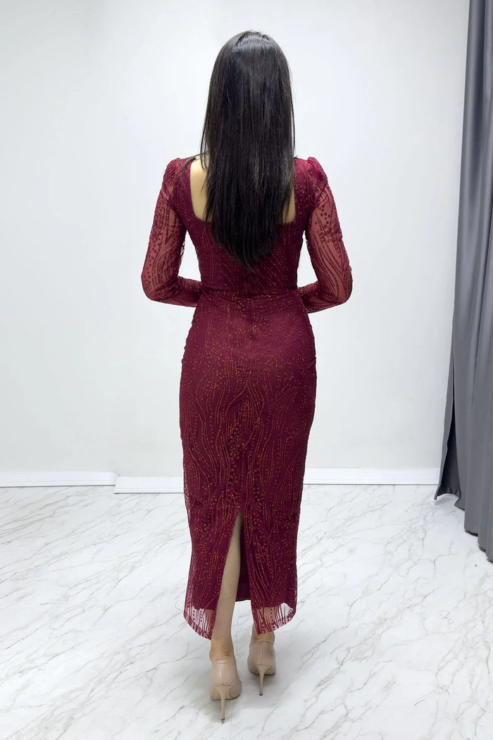 Bordo Kare Yaka Gold Simli Uzun Kol Midi Abiye Elbise

