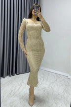 Gold Kare Yaka Simli Uzun Kol Midi Abiye Elbise

