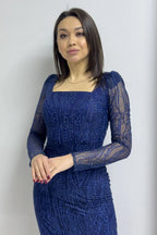 Mavi Kare Yaka Gold Simli Uzun Kol Midi Abiye Elbise

