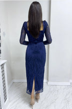 Mavi Kare Yaka Gold Simli Uzun Kol Midi Abiye Elbise

