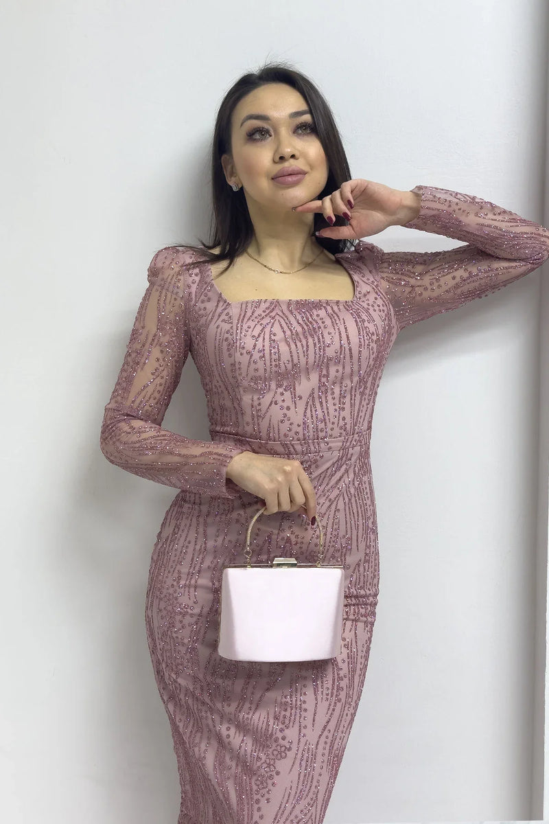 Pudra Kare Yaka Gold Simli Uzun Kol Midi Abiye Elbise

