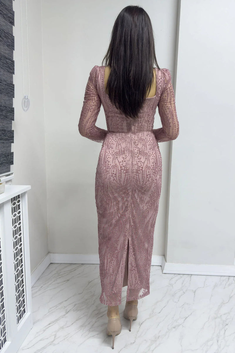 Pudra Kare Yaka Gold Simli Uzun Kol Midi Abiye Elbise

