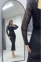 Siyah Kare Yaka Gold Simli Uzun Kol Midi Abiye Elbise

