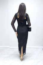 Siyah Kare Yaka Gold Simli Uzun Kol Midi Abiye Elbise

