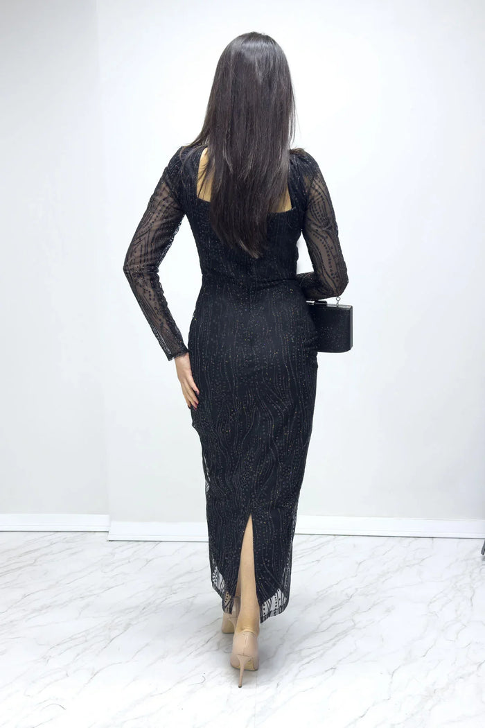 Siyah Kare Yaka Gold Simli Uzun Kol Midi Abiye Elbise

