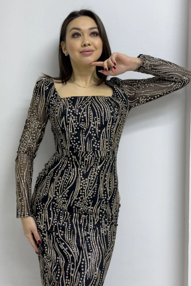 Siyah Kare Yaka Gold Simli Uzun Kol Midi Abiye Elbise

