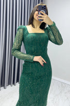 Zümrüt Yeşili Kare Yaka Gold Simli Uzun Kol Midi Abiye Elbise

