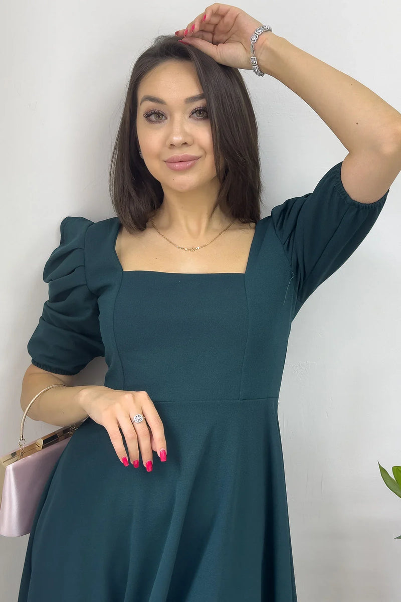 Kadın Zümrüt Yeşili Kare Yaka Volanlı Midi Elbise