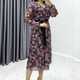 Siyah Çiçekli V Yaka Midi Şifon Büyük Beden Elbise