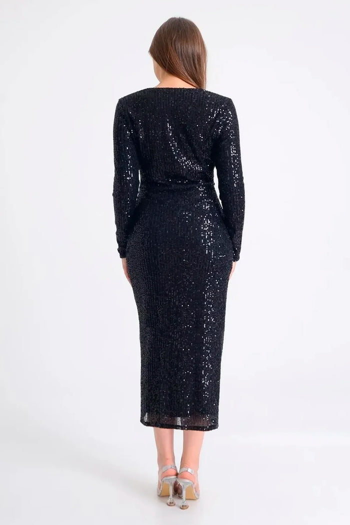 Kadın Siyah Kruvaze Yaka Pul Payet Tasarım Büyük Beden Abiye Elbise