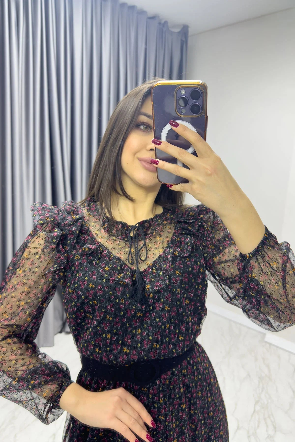 Siyah Mini Çiçekli Kemerli Flok Büyük Beden Elbise

