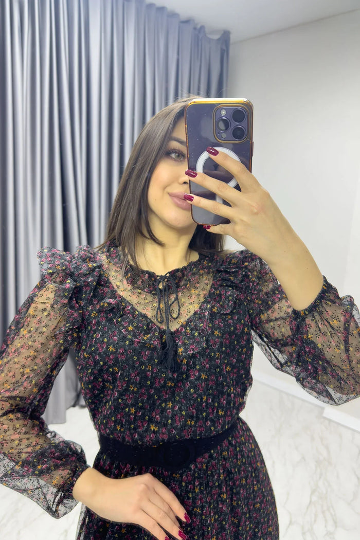 Siyah Mini Çiçekli Kemerli Flok Büyük Beden Elbise

