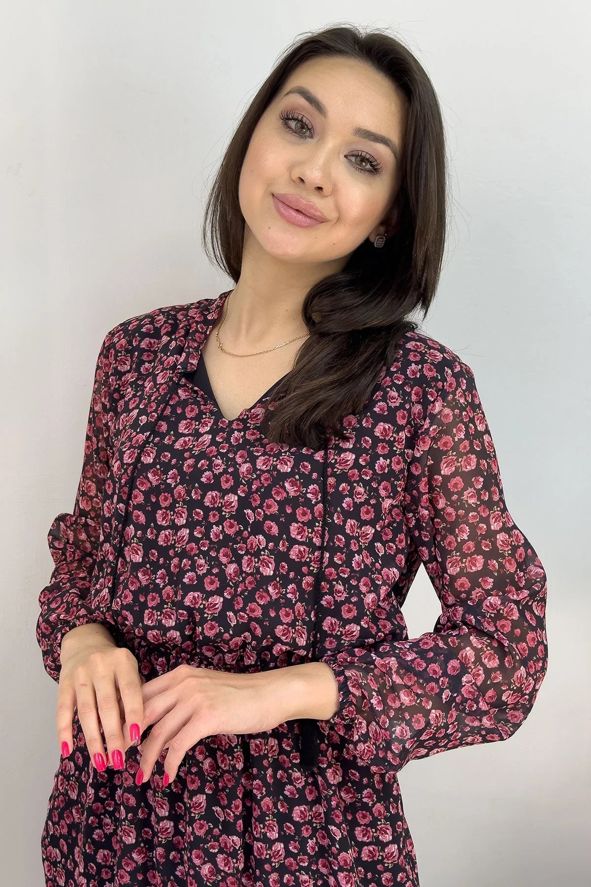 Siyah Çiçekli Şifon Elbise