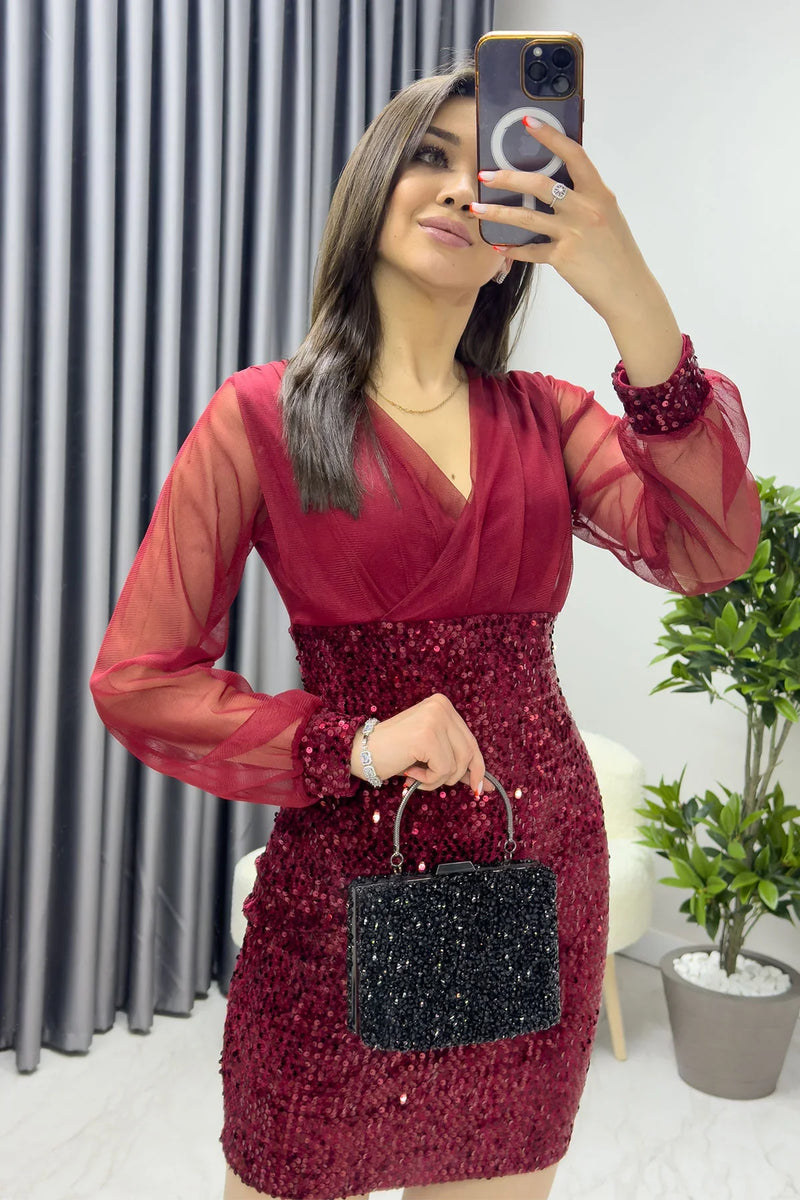 Bordo Kruvaze Yaka Payet Mini Abiye Elbise