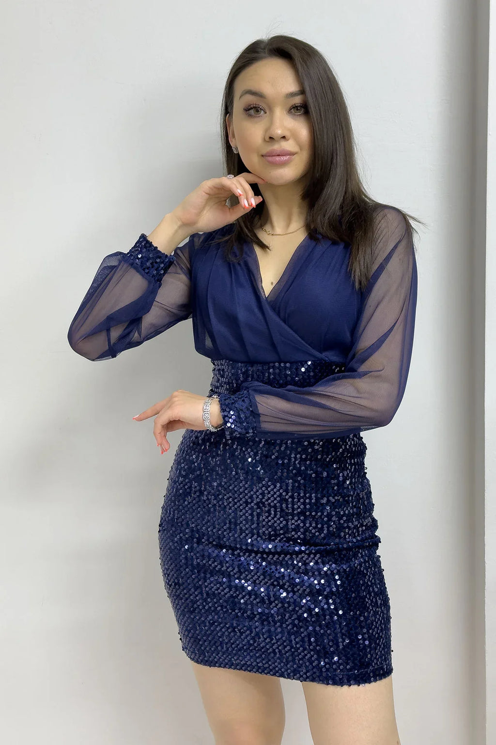 Lacivert Kruvaze Yaka Payet Mini Abiye Elbise