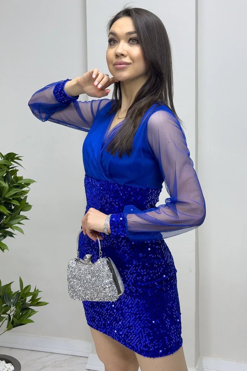 Saks Kruvaze Yaka Payet Mini Abiye Elbise