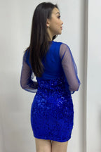 Saks Kruvaze Yaka Payet Mini Abiye Elbise