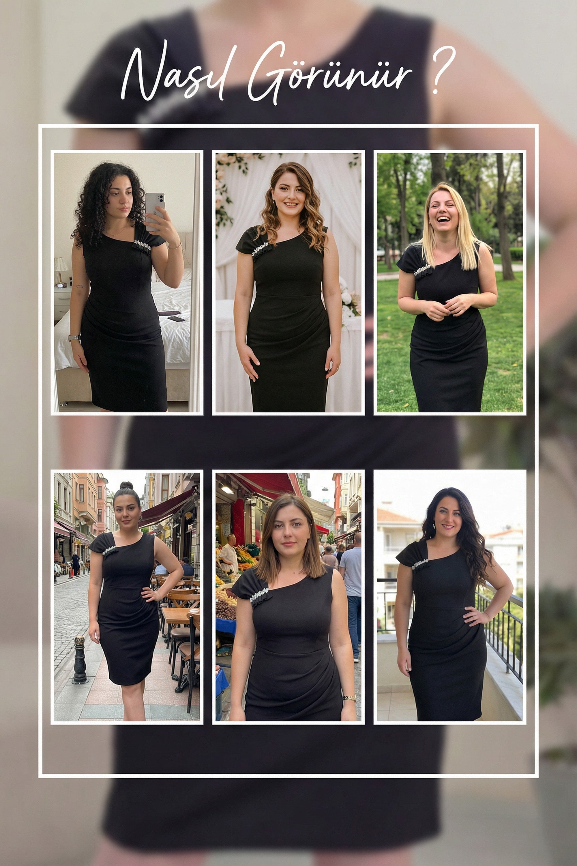 büyük beden müşteri deneyim ayna pozu eller belde gülüyor siyah elbise