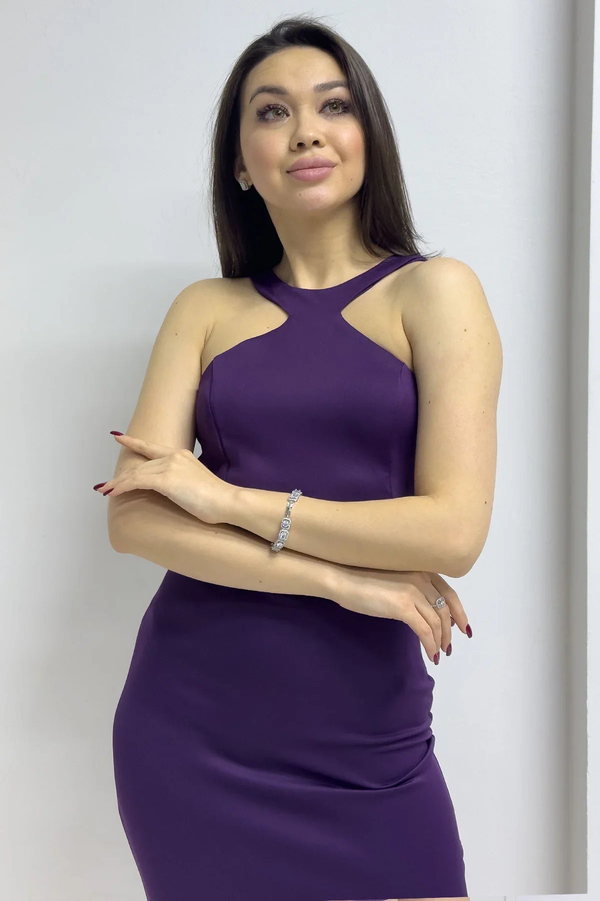 Mor Scuba Askılı Kalem Elbise

