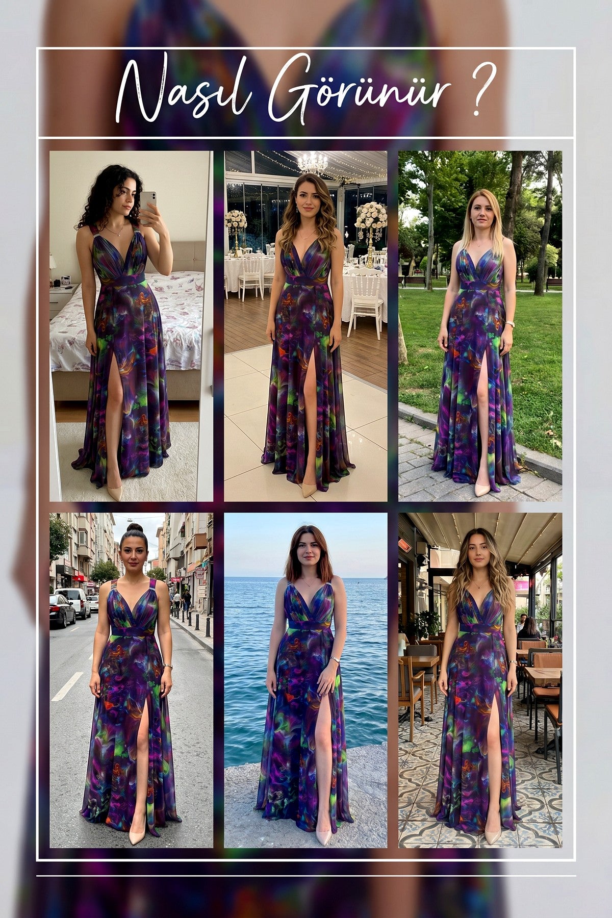 Farklı ortamlarda The ZKS mor batik desenli, yırtmaçlı, sırt dekolteli elbise giyilmiş elbise kombinlerişeleri
